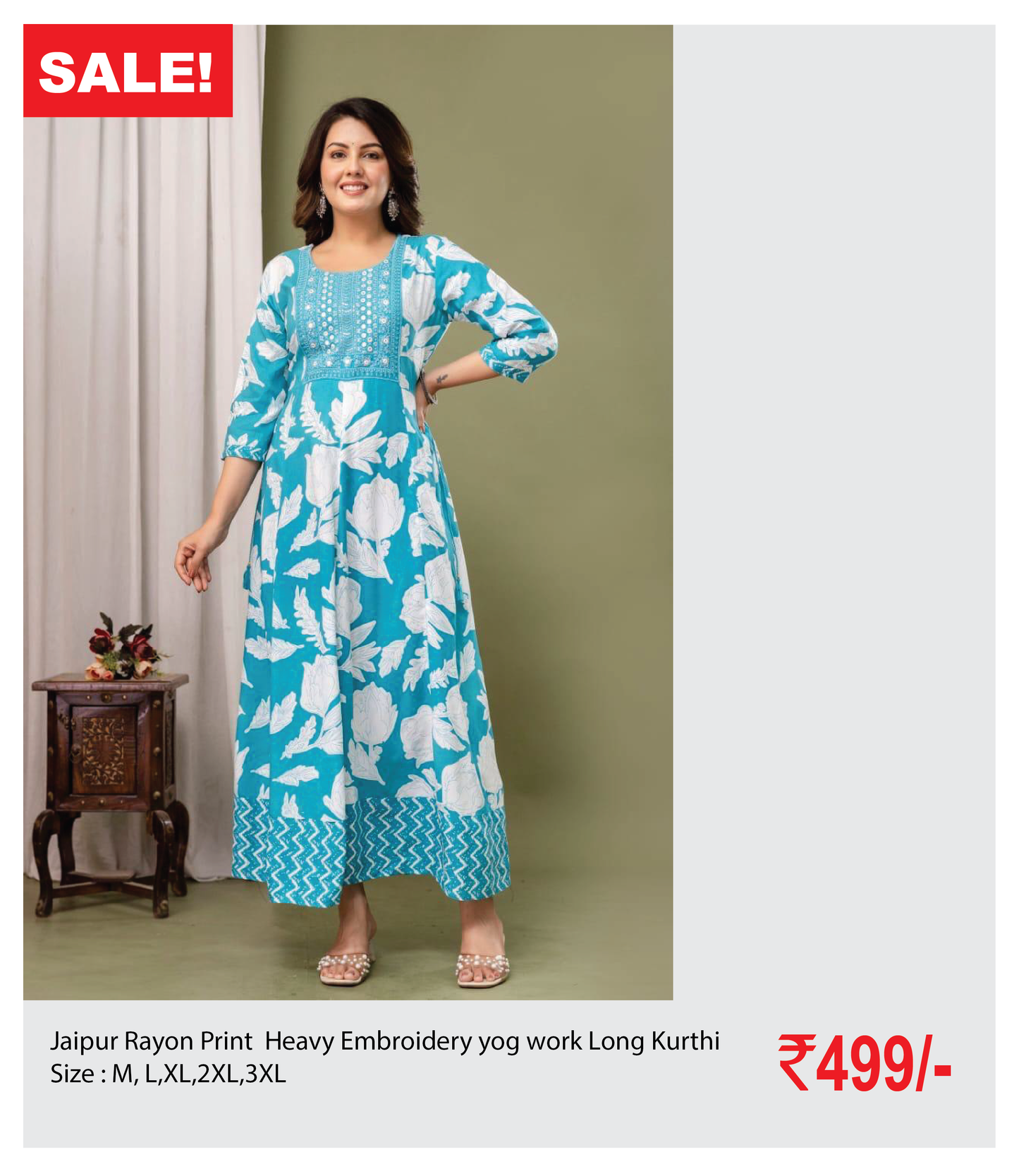 Jaipur Rayon Print  Heavy Embroidery yog work Long Kurthi