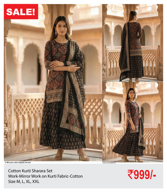 Cotton sharara kurthi set with mirror work on top