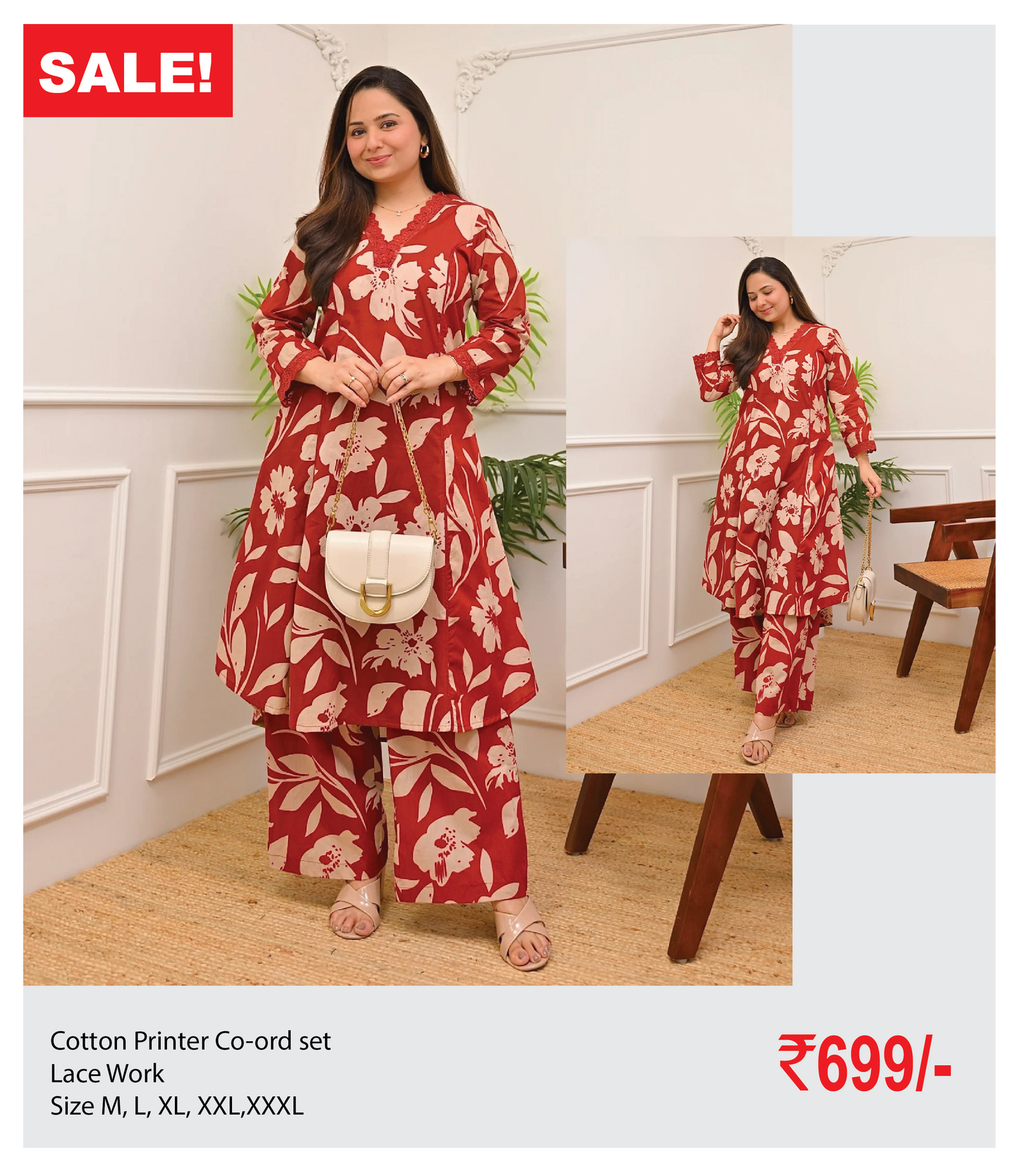 Cotton co-ord set with lace work