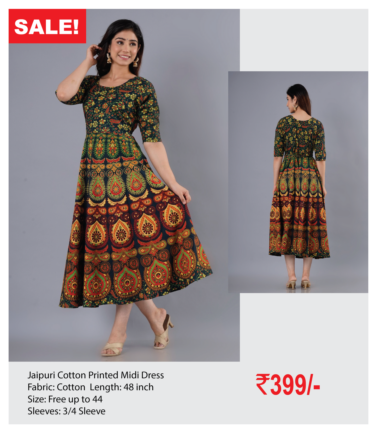 Jaipuri Cotton Printed Midi Dress