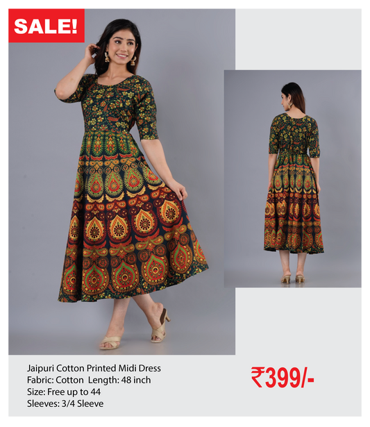 Jaipuri Cotton Printed Midi Dress