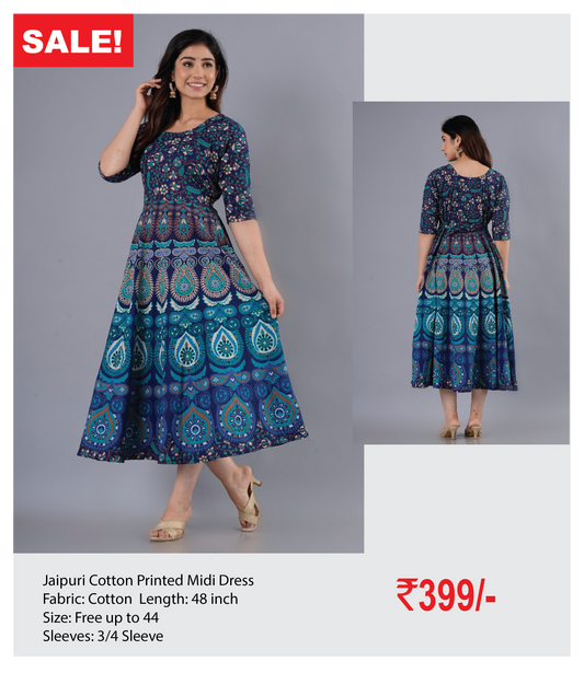 Jaipuri Cotton Printed Midi Dress
