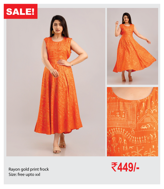 Rayon gold print frock with sleeves attached inside