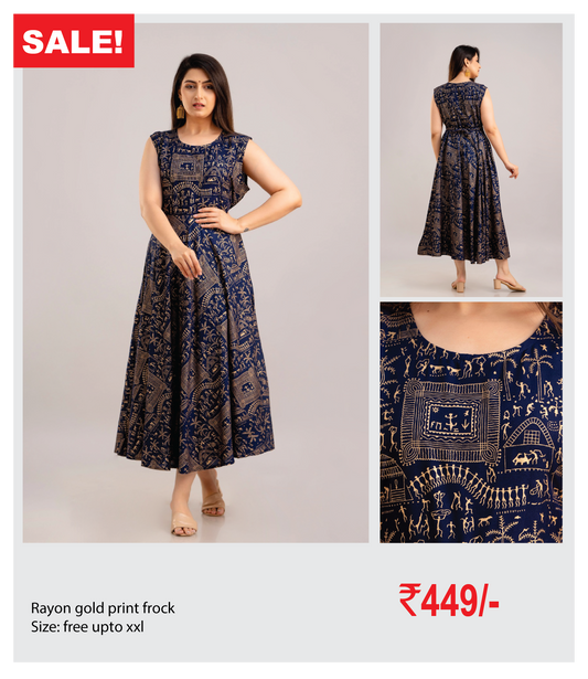 Rayon gold print frock with sleeves attached inside