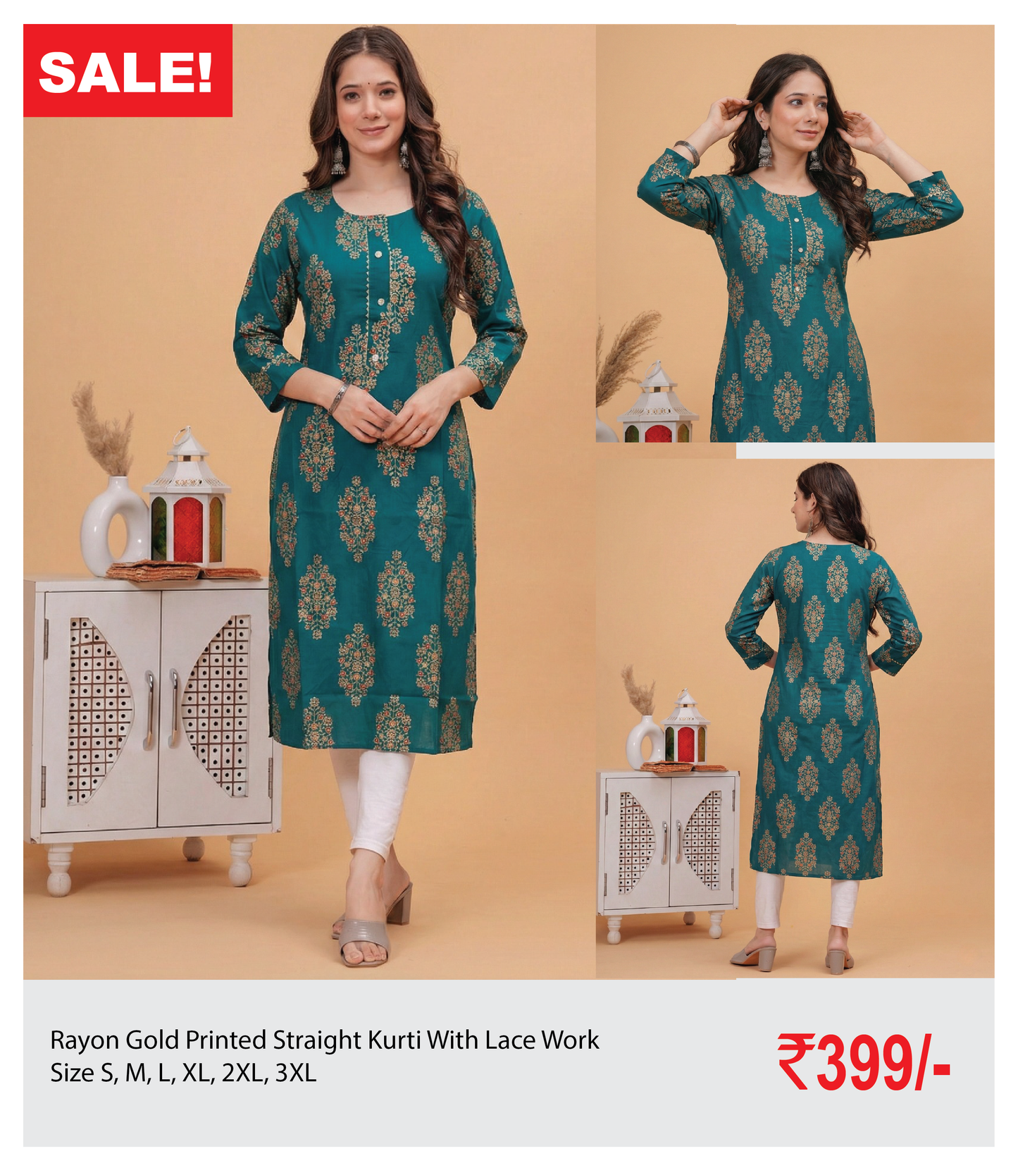 Rayon Gold Printed Straight Kurti With Lace Work
