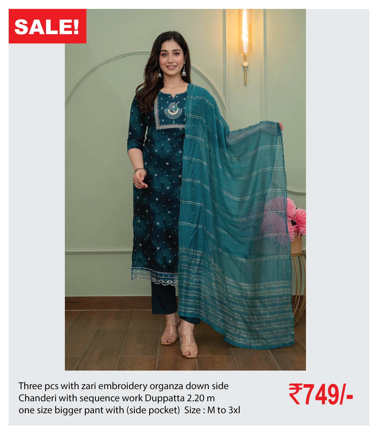 Zari Embroidery Organza  Kurthi Set