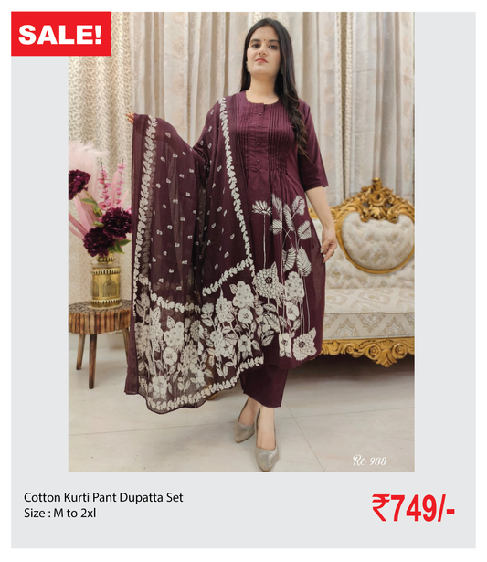 Cotton Kurti Pant Dupatta Set