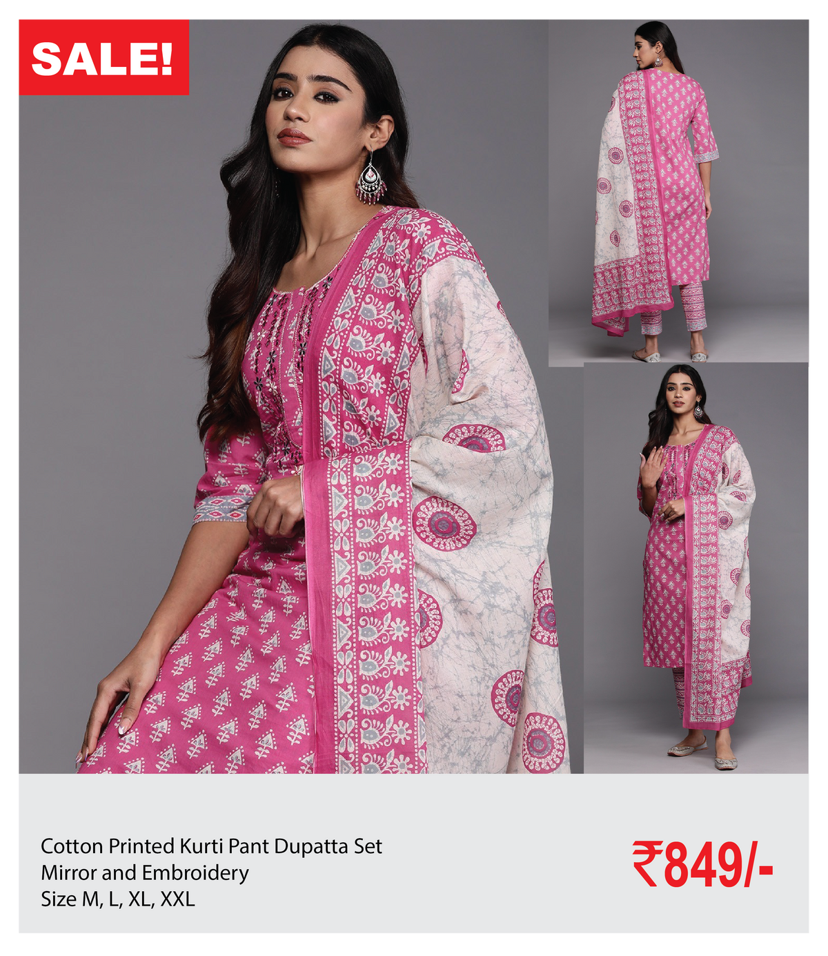 Cotton Printed Kurti Pant Dupatta Set with  Mirror and Embroidery
