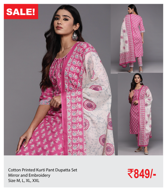 Cotton Printed Kurti Pant Dupatta Set with  Mirror and Embroidery