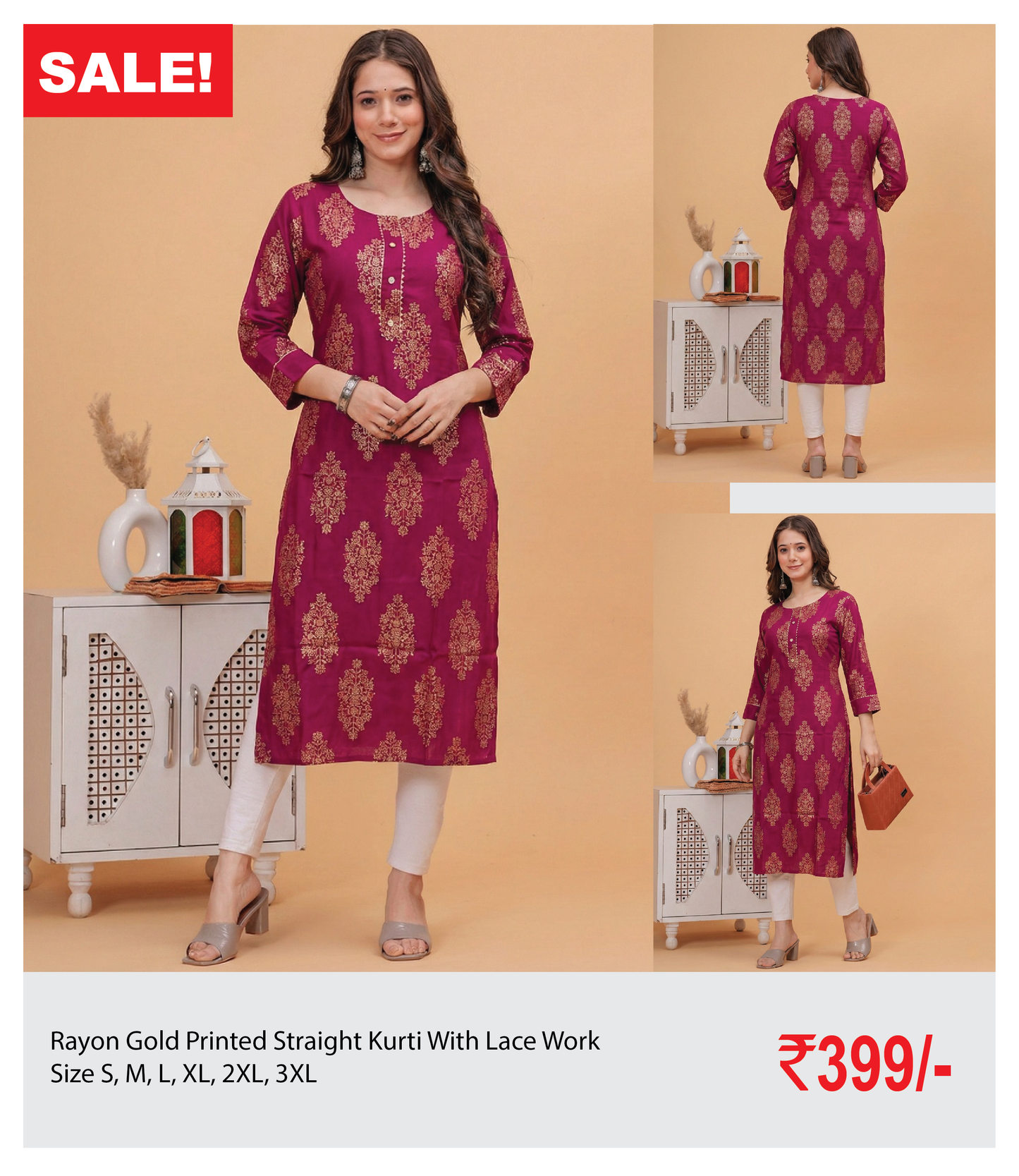 Rayon Gold Printed Straight Kurti With Lace Work