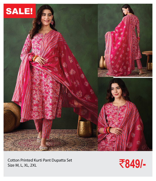 Cotton Printed Kurti Pant Dupatta Set