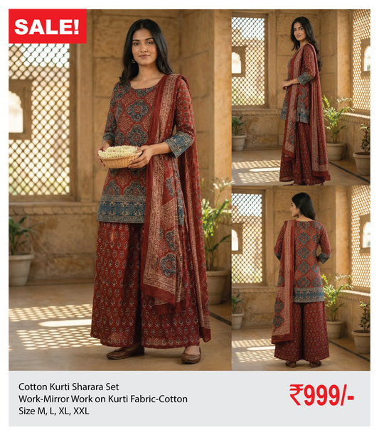 cotton kurti sharara set mirror work on kurthi