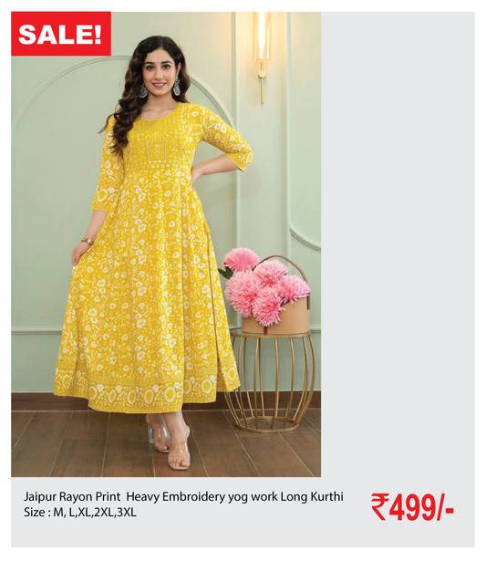 Jaipur Rayon Print  Heavy Embroidery yog work Long Kurthi