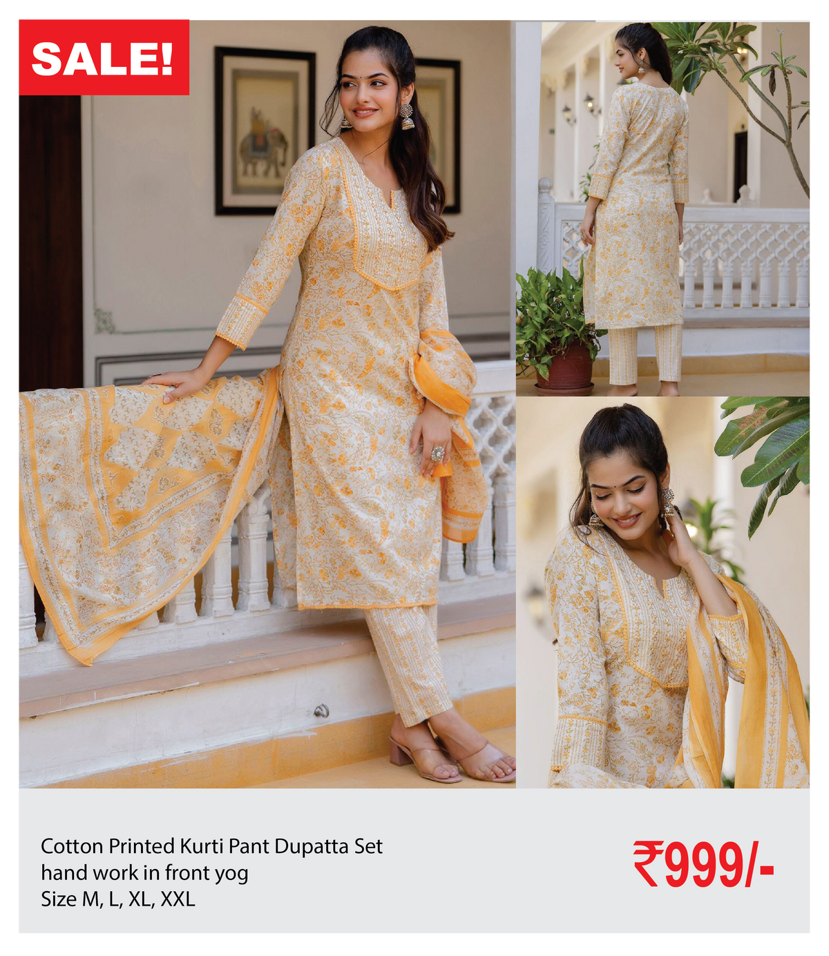 Cotton Printed Kurti Pant Dupatta Set with hand work in front yog
