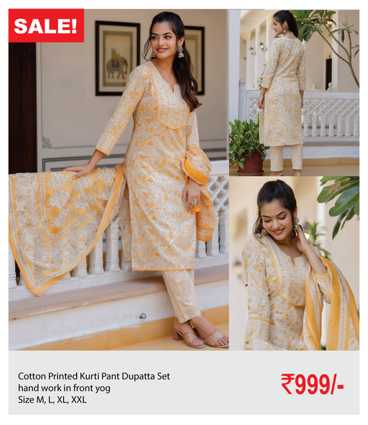 Cotton Printed Kurti Pant Dupatta Set with hand work in front yog