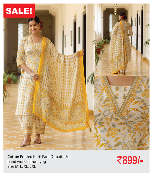 Cotton Printed Kurti Pant Dupatta Set hand work in front yog